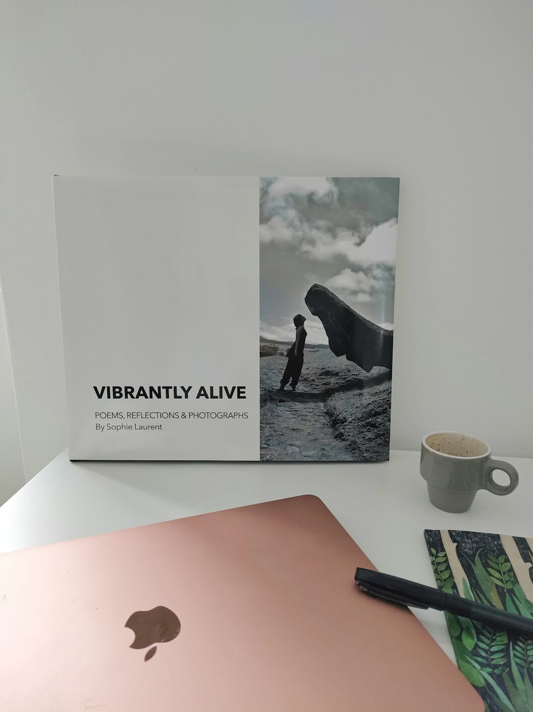 Laptop and printed dossier pages with a coffee cup on a bright desk